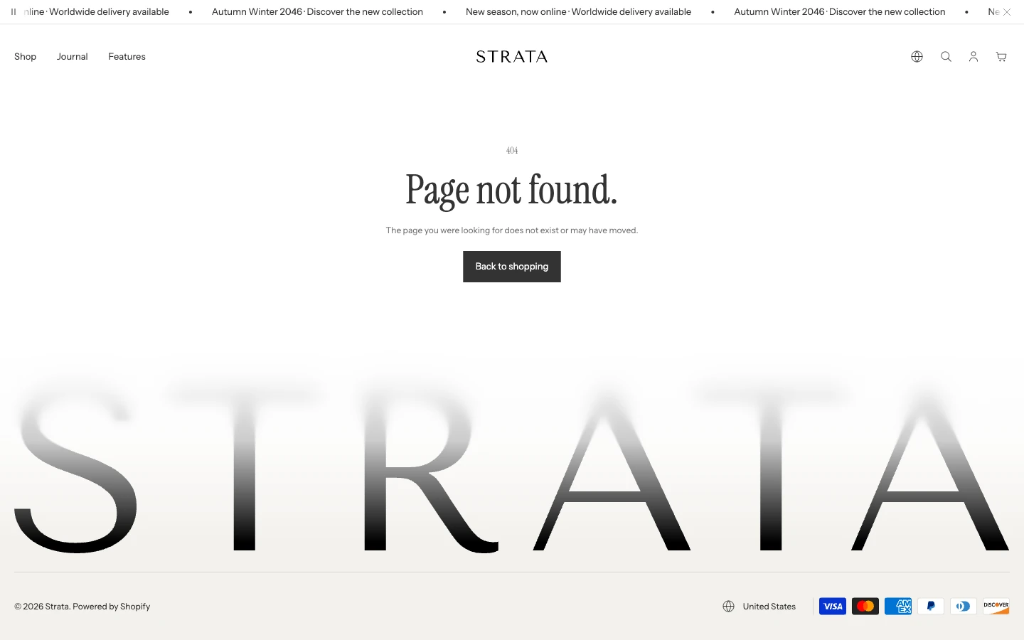 The 404 page with the heading Page not found., a short message, and a Back to shopping button above the Footer.