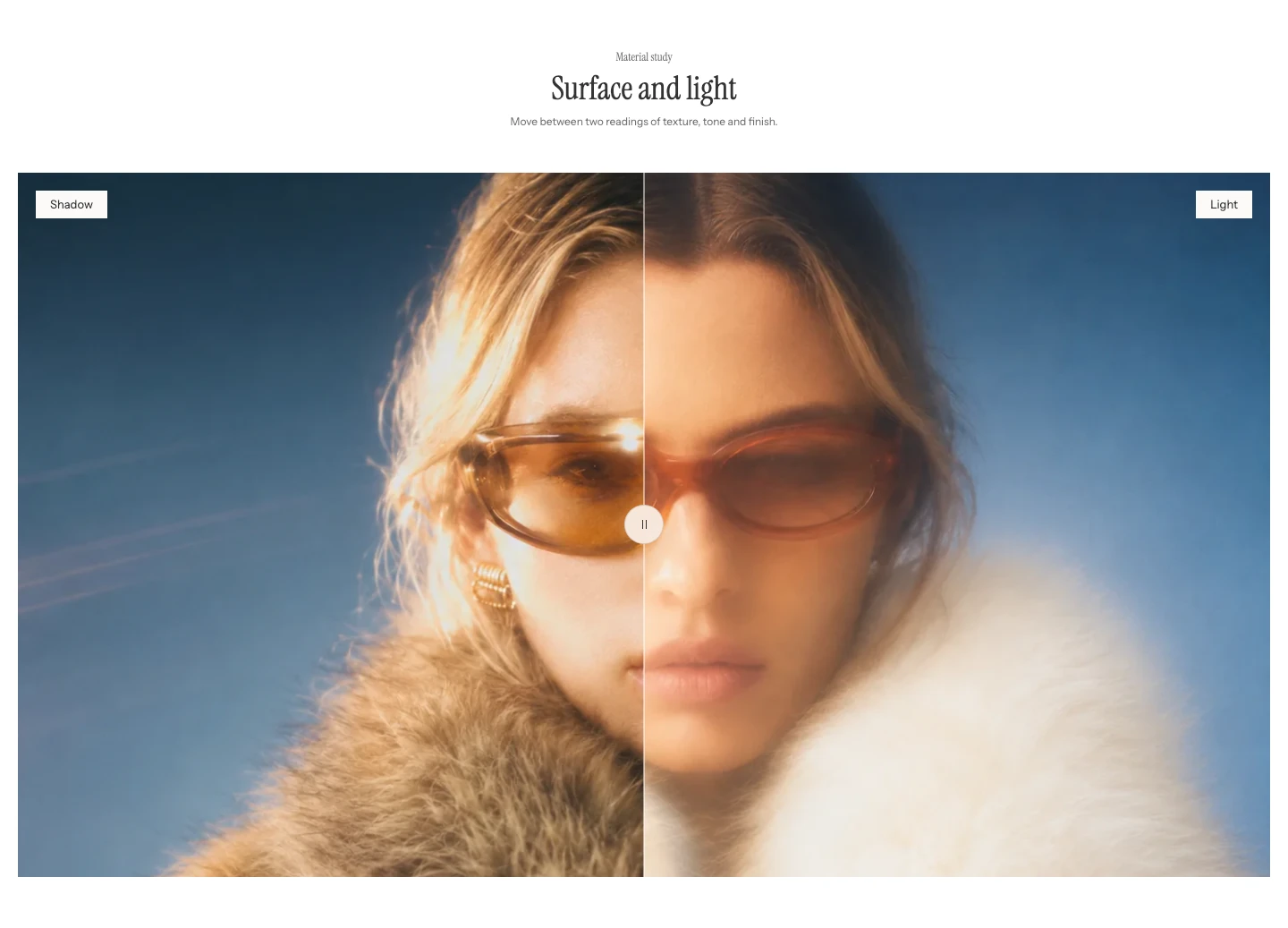 Before and after comparison with the heading Surface and light, Shadow and Light labels in the top corners, and a vertical divider with a round handle across a portrait.