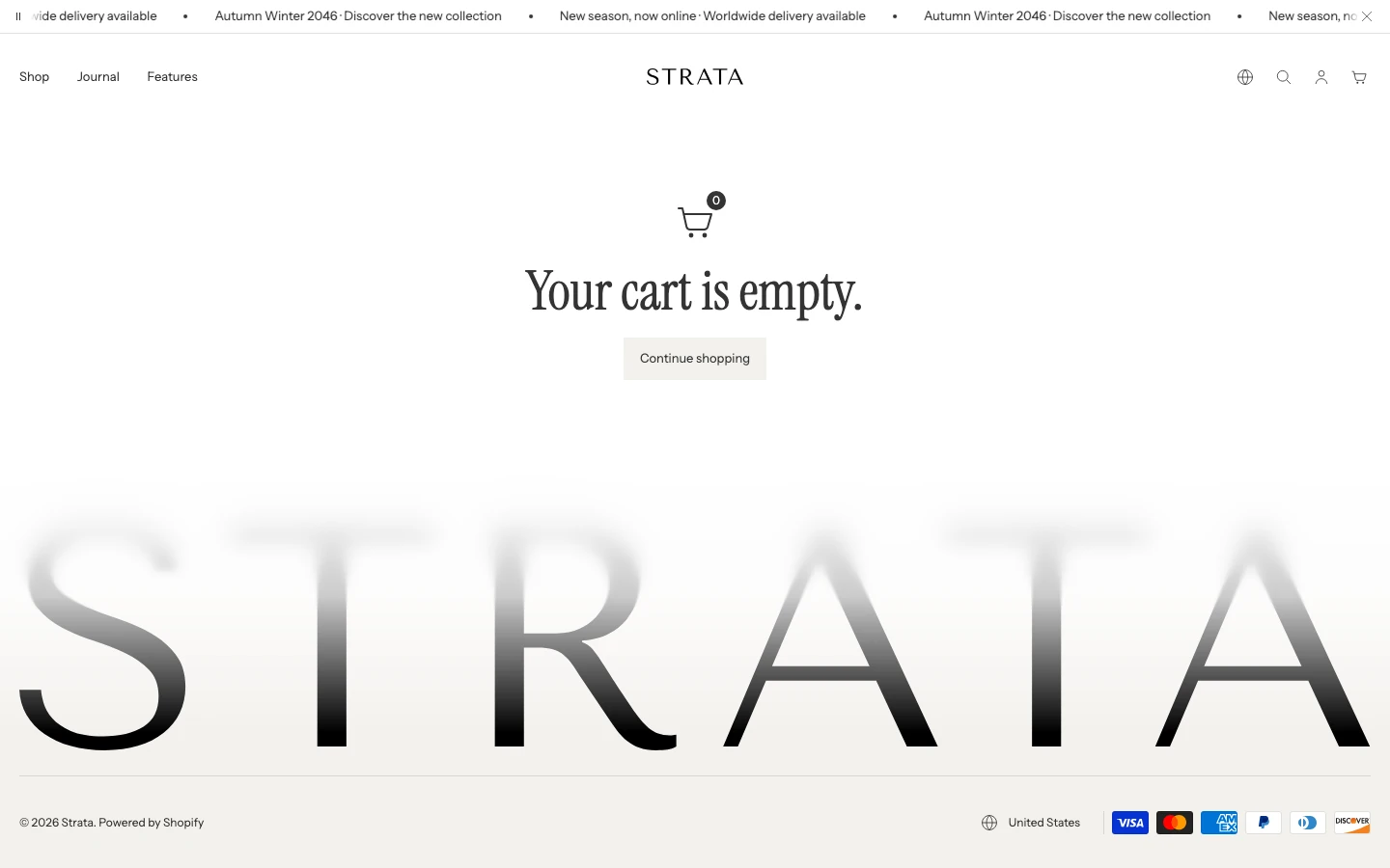The empty cart page with the message Your cart is empty. and a Continue shopping button.