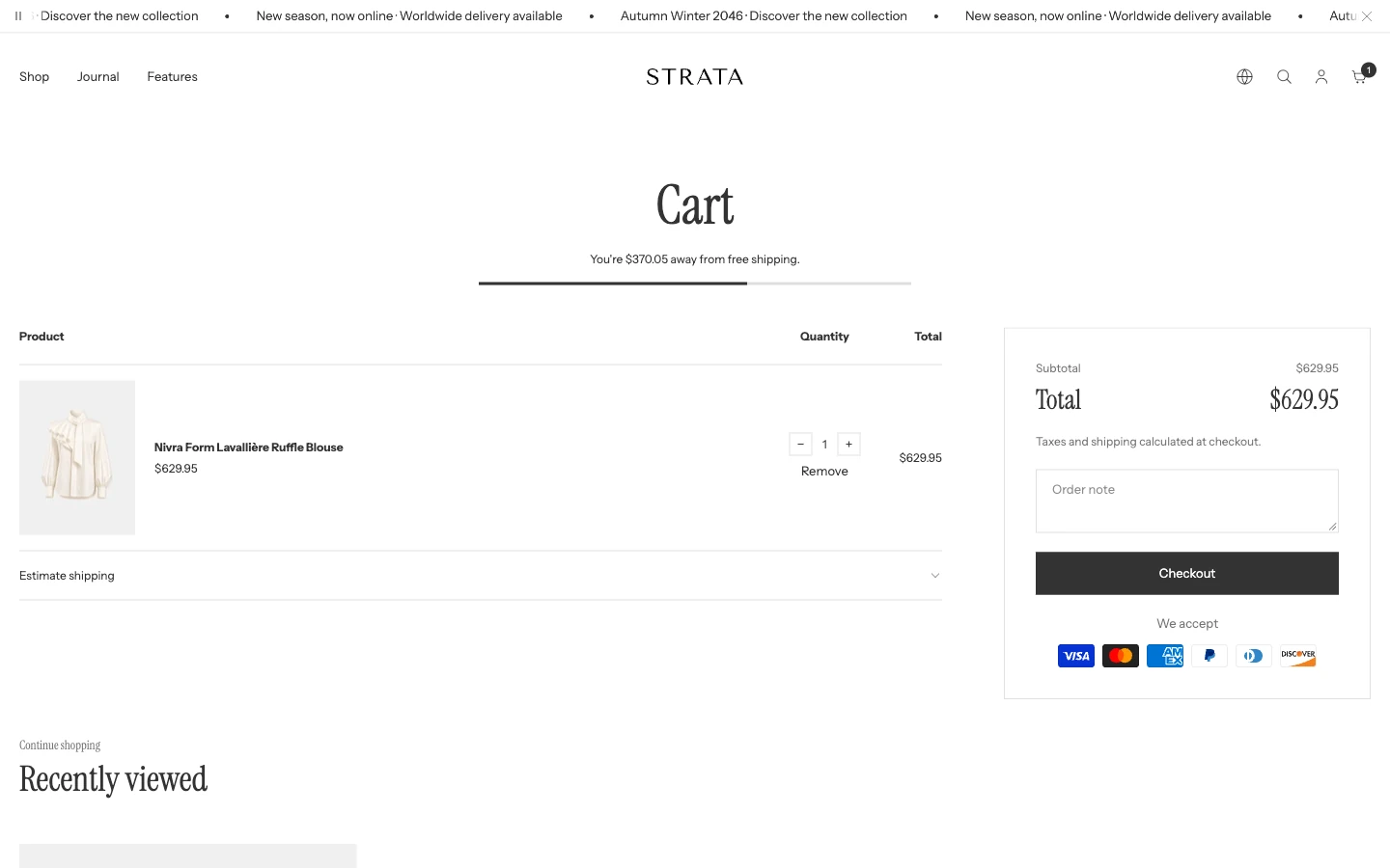 The cart page with one product, quantity controls, a free-shipping progress bar under the title, an Estimate shipping row, and a summary with the total, an order note field, a Checkout button, and payment icons.