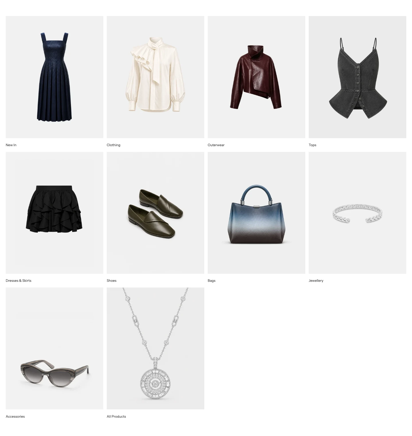 A grid of collection cards, four per row, each with a product image and the collection name below.