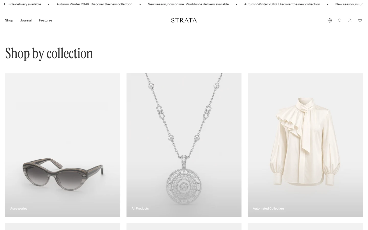 The collection index page with the heading Shop by collection and a grid of large collection cards, three per row.