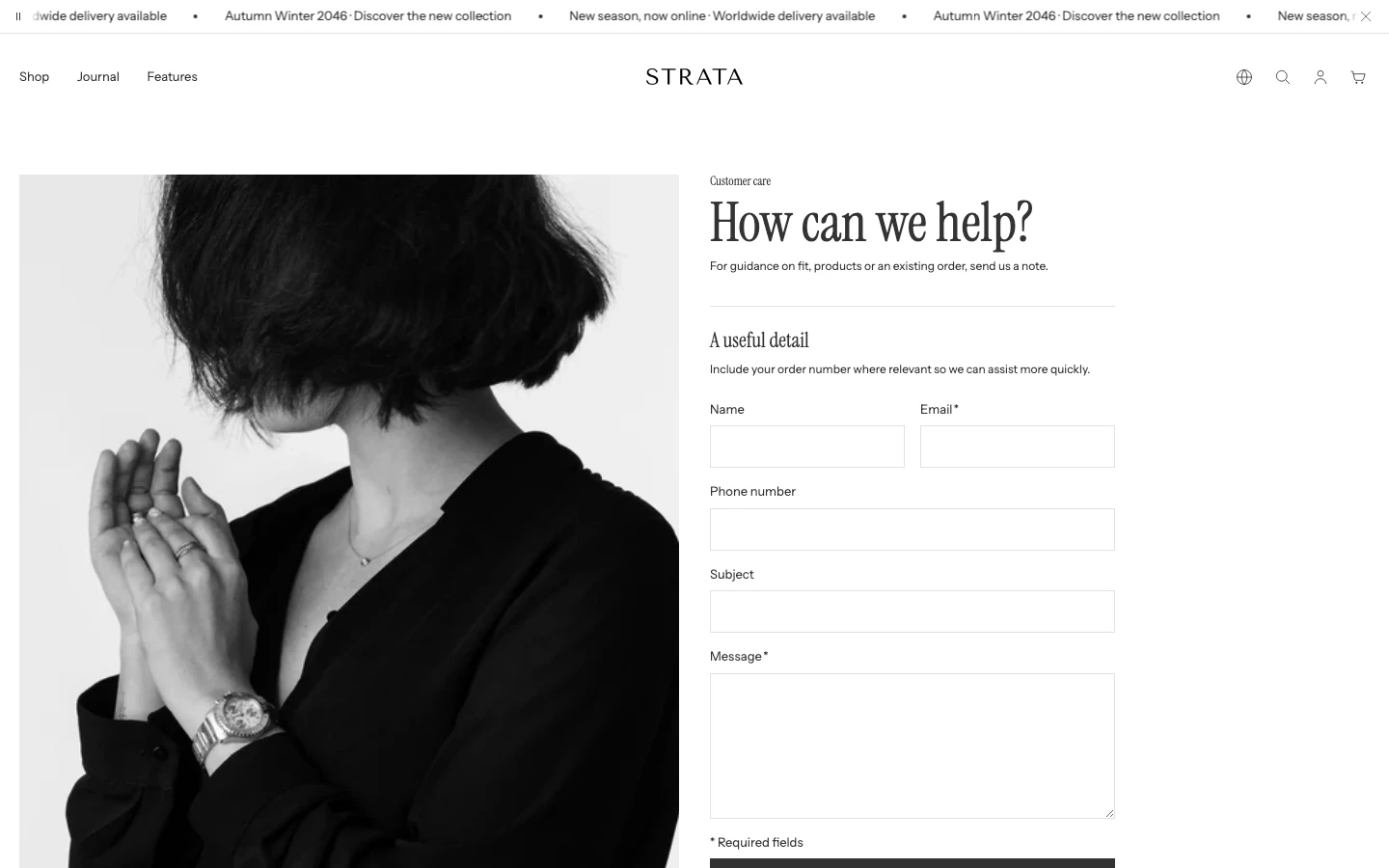 The Contact page with a portrait on the left and the contact heading and form on the right.