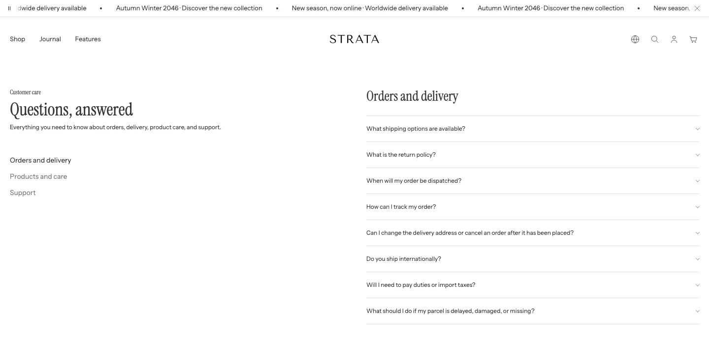 The FAQ page with the heading Questions, answered and group links on the left, and a list of questions under Orders and delivery on the right.