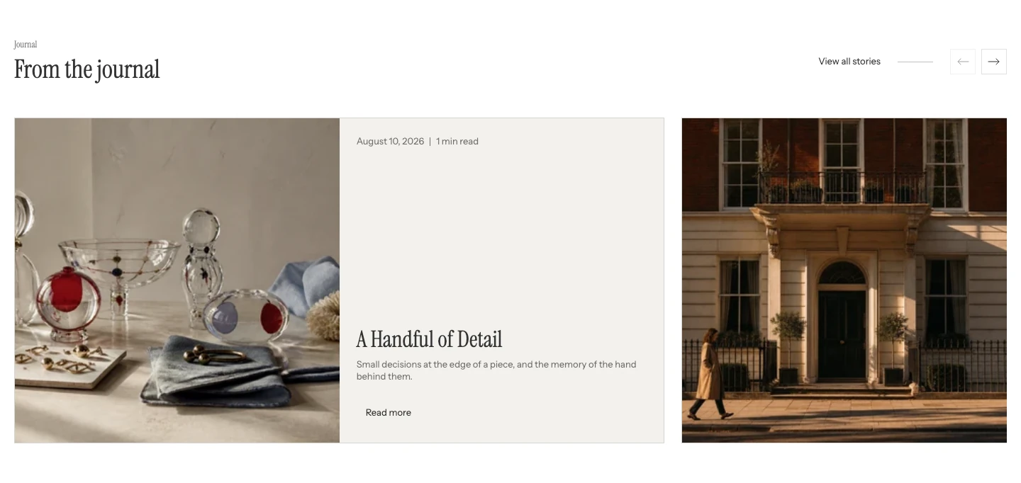 Featured blog carousel with the heading From the journal, a View all stories link, arrow controls, and article cards with images, dates, titles, and Read more actions.