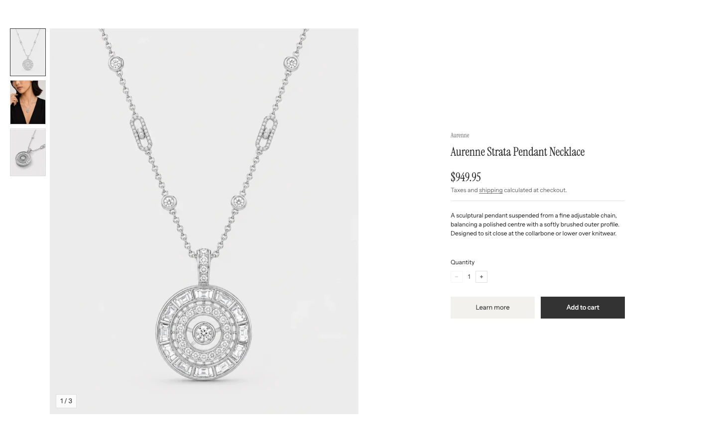 Featured product with thumbnails on the far left, a large necklace image, and the product name, price, description, quantity selector, and buttons on the right.