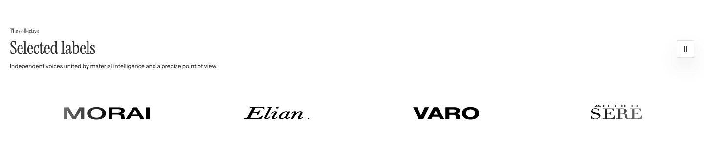 Logo carousel with the heading Selected labels, a short line of text, a row of four brand wordmarks, and a pause button on the right.