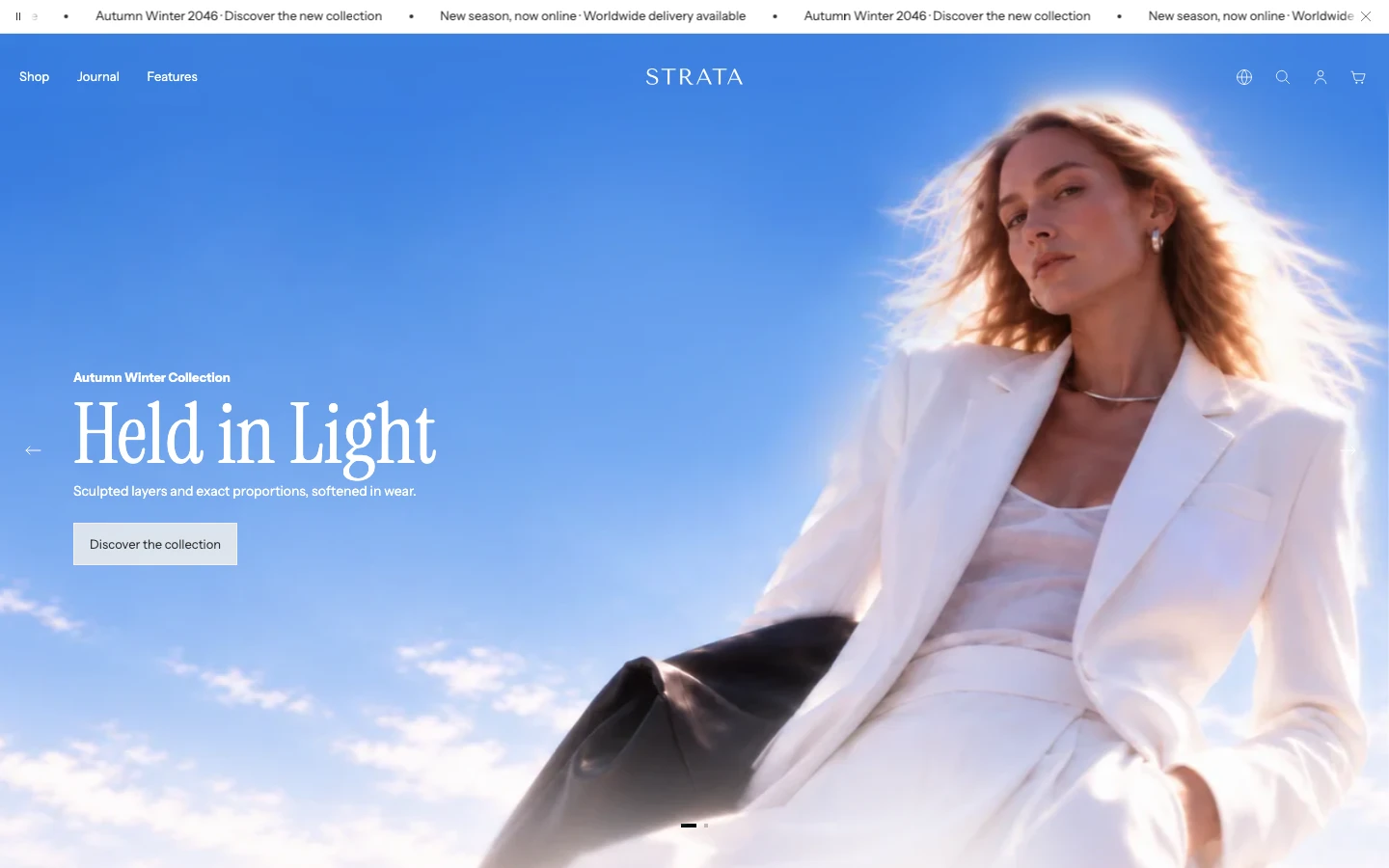 A transparent Header over the opening Media hero, with white navigation and icons over the photograph.