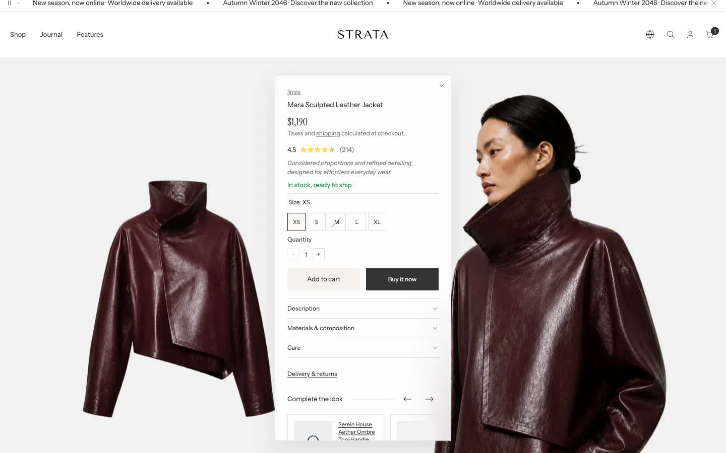 A Fullscreen vertical product page with the information panel expanded in the center, showing the price, rating, size options, buttons, and the Description, Materials, and Care rows.