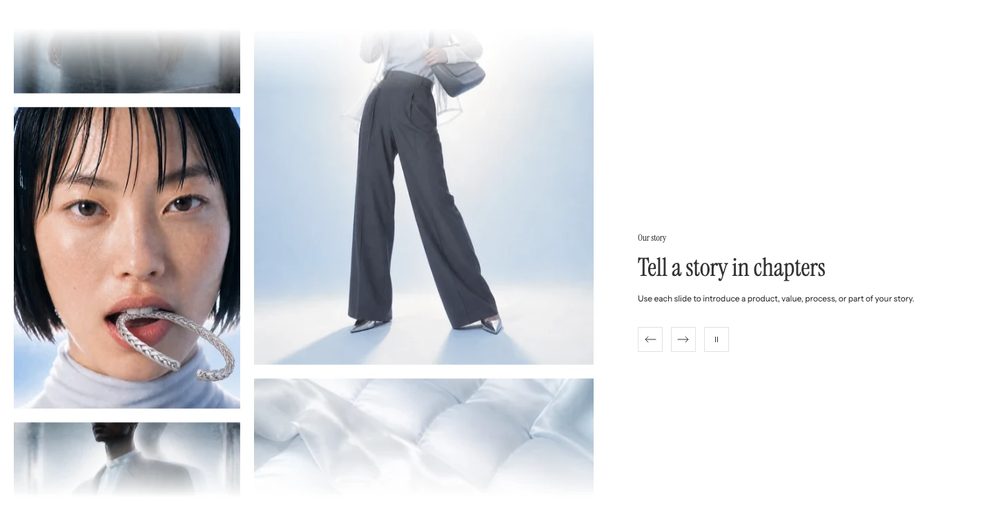 Scrolling columns with two columns of moving images on the left and a text group with previous, next, and pause controls on the right.