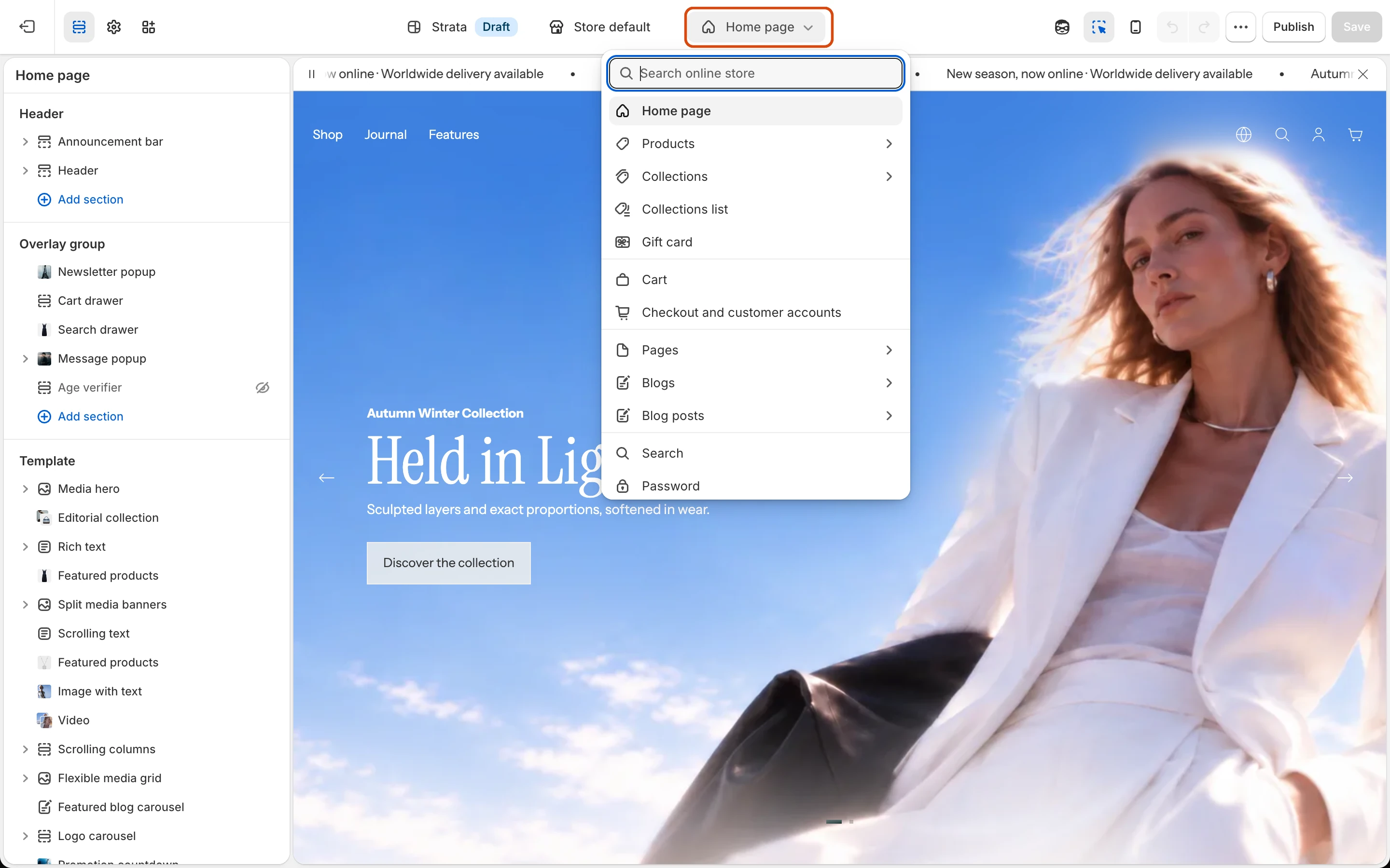 The page selector open at the top of the Theme Editor with a list of page types: Home page, Products, Collections, Collections list, Gift card, Cart, Pages, Blogs, Blog posts, Search, and Password.