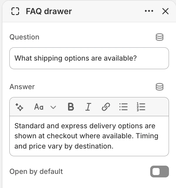 FAQ drawer block settings in the Theme Editor: Question, Answer, Open by default.