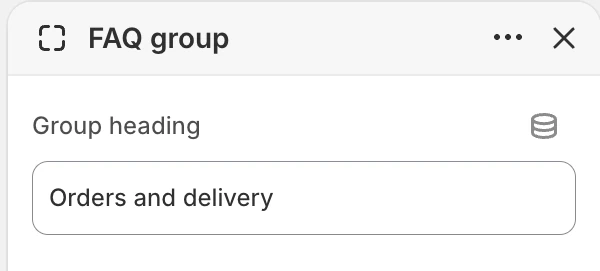 FAQ group block settings in the Theme Editor: Group heading.