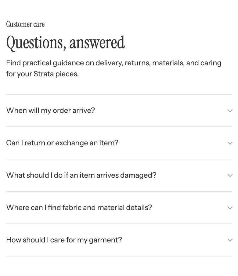 FAQ section on mobile with the introduction above a stacked list of collapsed questions.