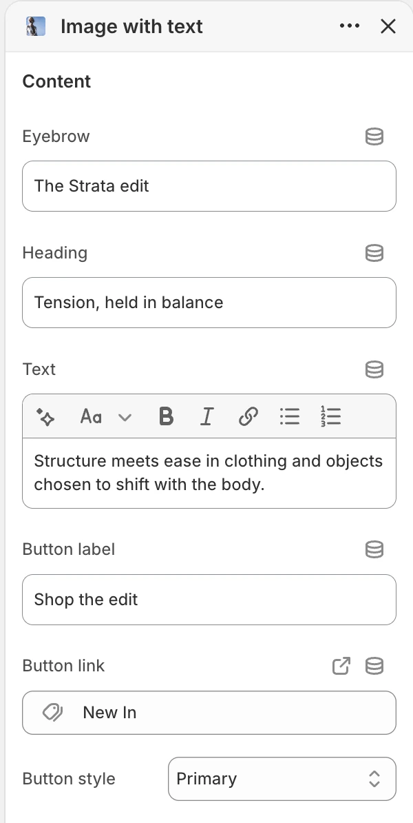 Image with text Content settings in the Theme Editor: Eyebrow, Heading, Text, Button label, Button link, Button style.