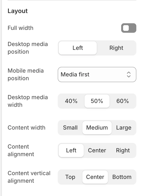 Image with text Layout settings in the Theme Editor: Full width, Desktop media position, Mobile media position, Desktop media width, Content width, Content alignment, Content vertical alignment.