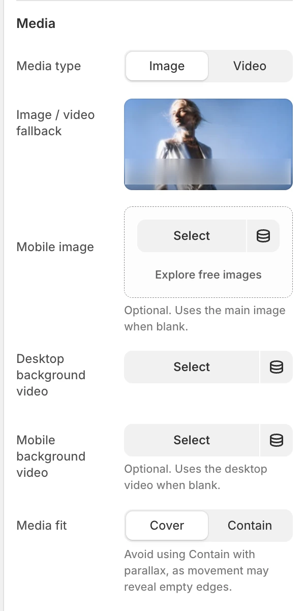 Image with text Media settings in the Theme Editor: Media type, Image / video fallback, Mobile image, Desktop background video, Mobile background video, Media fit.