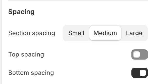 Image with text Spacing settings in the Theme Editor: Section spacing, Top spacing, Bottom spacing.