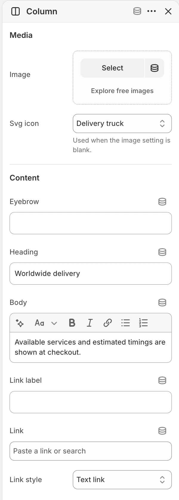 Column block settings in the Theme Editor: Image, Svg icon, Eyebrow, Heading, Body, Link label, Link, Link style.