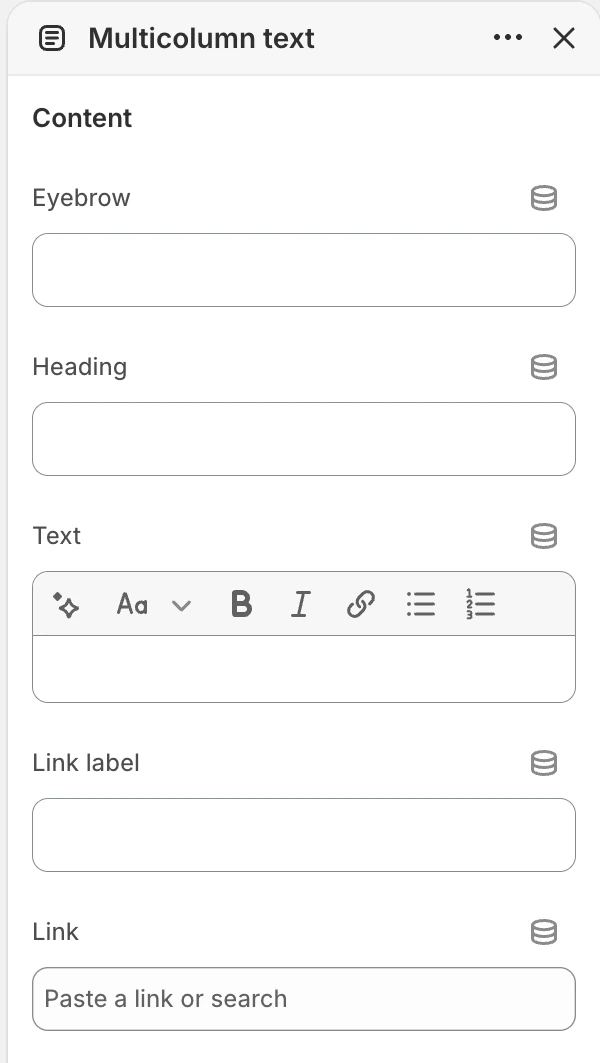Multicolumn text Content settings in the Theme Editor: Eyebrow, Heading, Text, Link label, Link.