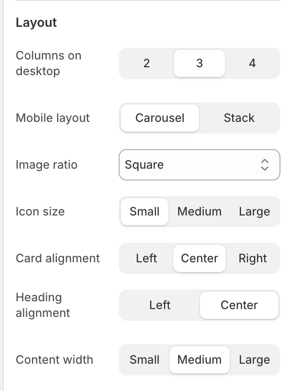 Multicolumn text Layout settings in the Theme Editor: Columns on desktop, Mobile layout, Columns on mobile, Image ratio, Icon size, Card alignment, Heading alignment, Content width.