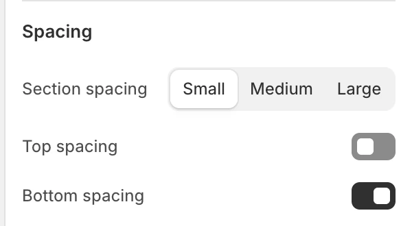 Multicolumn text Spacing settings in the Theme Editor: Section spacing, Top spacing, Bottom spacing.