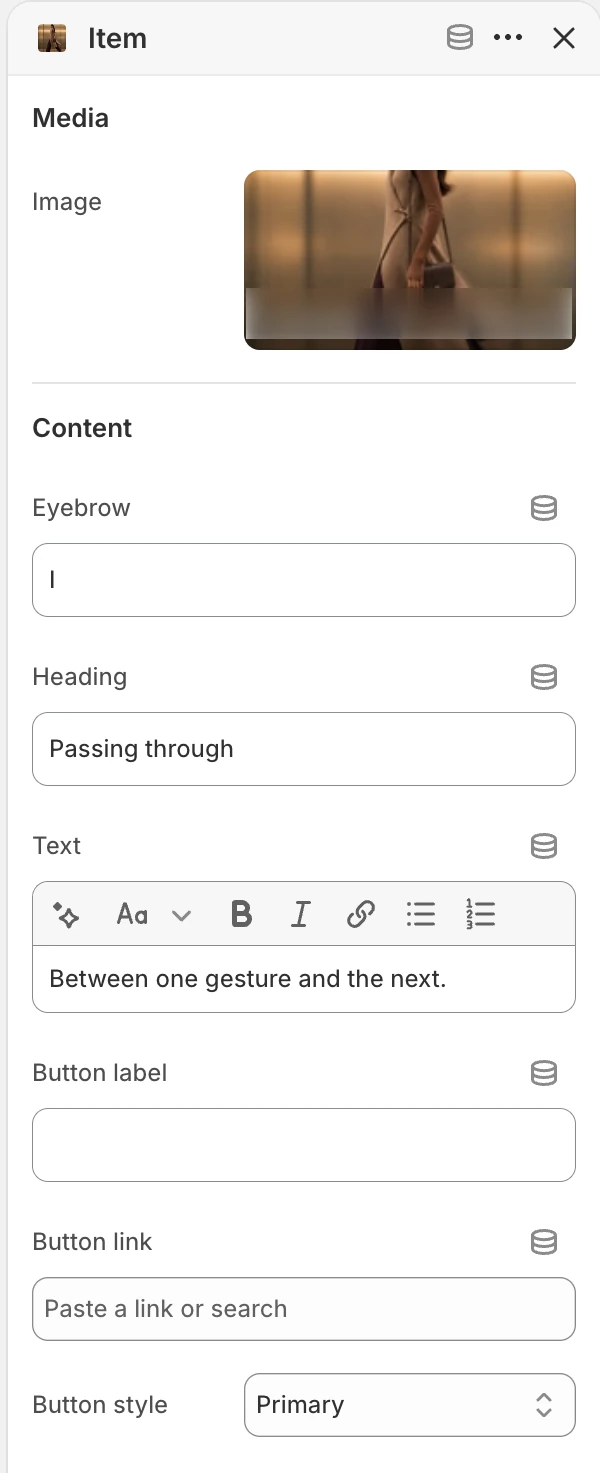 Item block settings in the Theme Editor: Image, Eyebrow, Heading, Text, Button label, Button link, Button style.