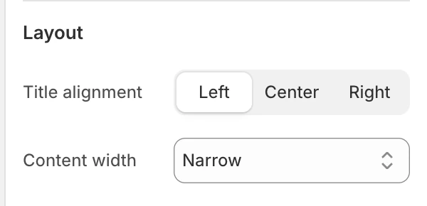 Page Layout settings in the Theme Editor: Title alignment, Content width.