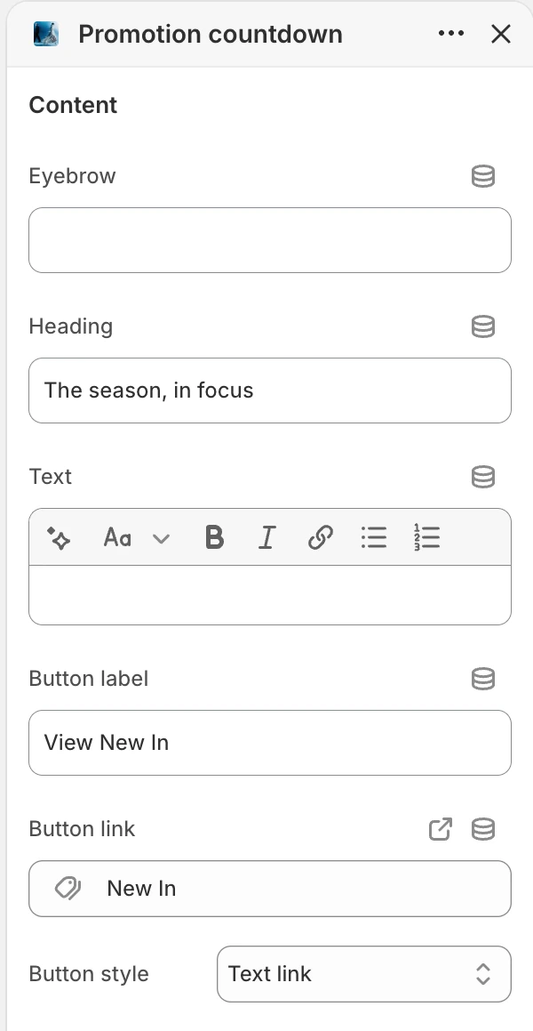 Promotion countdown Content settings in the Theme Editor: Eyebrow, Heading, Text, Button label, Button link, Button style.
