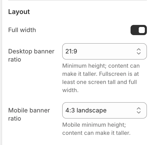 Promotion countdown Layout settings in the Theme Editor: Full width, Desktop banner ratio, Mobile banner ratio.