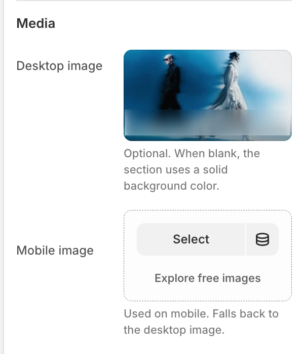 Promotion countdown Media settings in the Theme Editor: Desktop image, Mobile image.