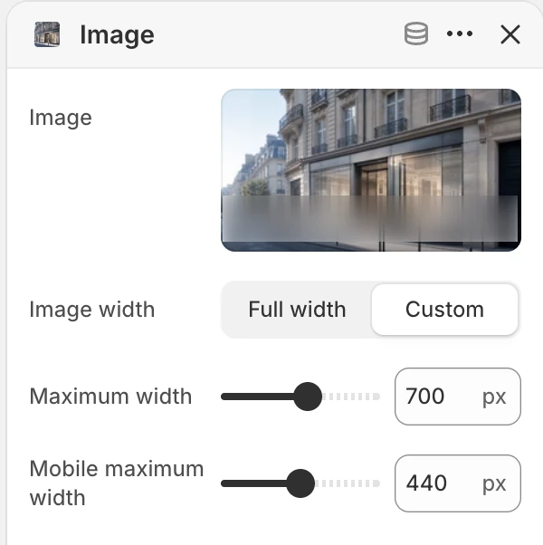 Image block settings in the Theme Editor: Image, Image width, Maximum width, Mobile maximum width.