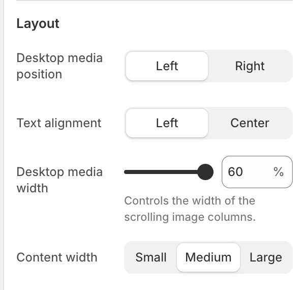 Scrolling columns Layout settings in the Theme Editor: Desktop media position, Text alignment, Desktop media width, Content width.