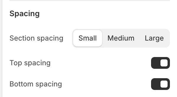 Scrolling columns Spacing settings in the Theme Editor: Section spacing, Top spacing, Bottom spacing.