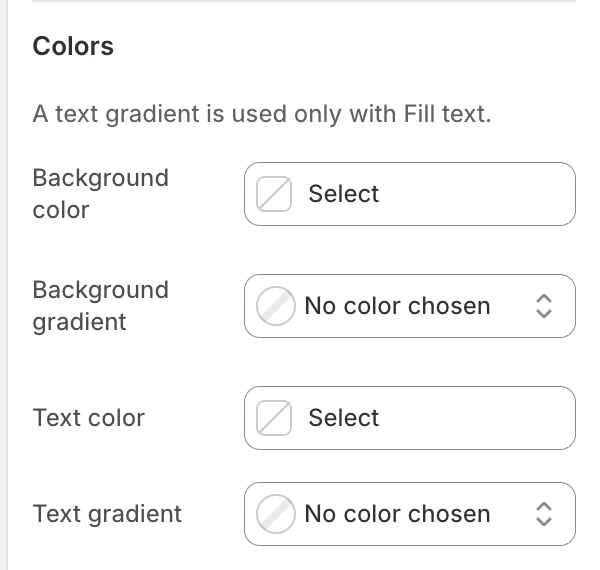Scrolling text Colors settings in the Theme Editor: Background color, Background gradient, Text color, Text gradient.