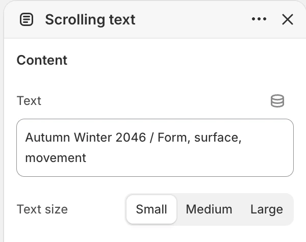 Scrolling text Content settings in the Theme Editor: Text, Text size.