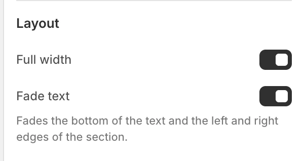 Scrolling text Layout settings in the Theme Editor: Full width, Fade text.