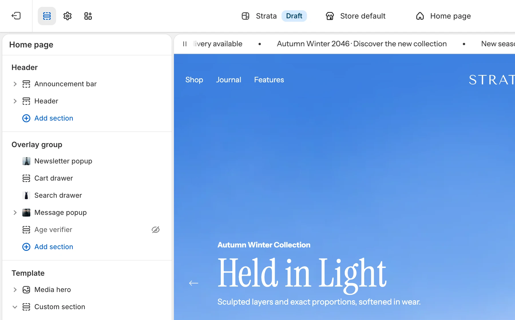 The Theme Editor sidebar showing Custom section with a Text block and a Group; the Group contains three nested Groups, and the first one is expanded to show two Text blocks.