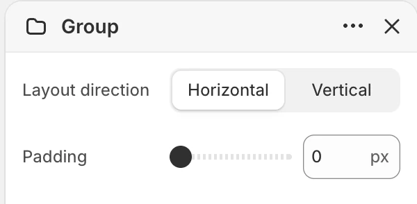 Group block settings in the Theme Editor: Layout direction, Alignment, Padding.