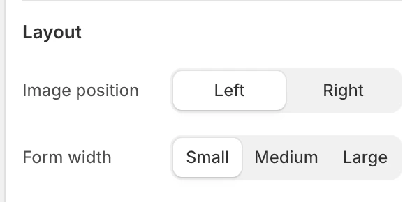 Contact form Layout settings in the Theme Editor: Image position, Form width.
