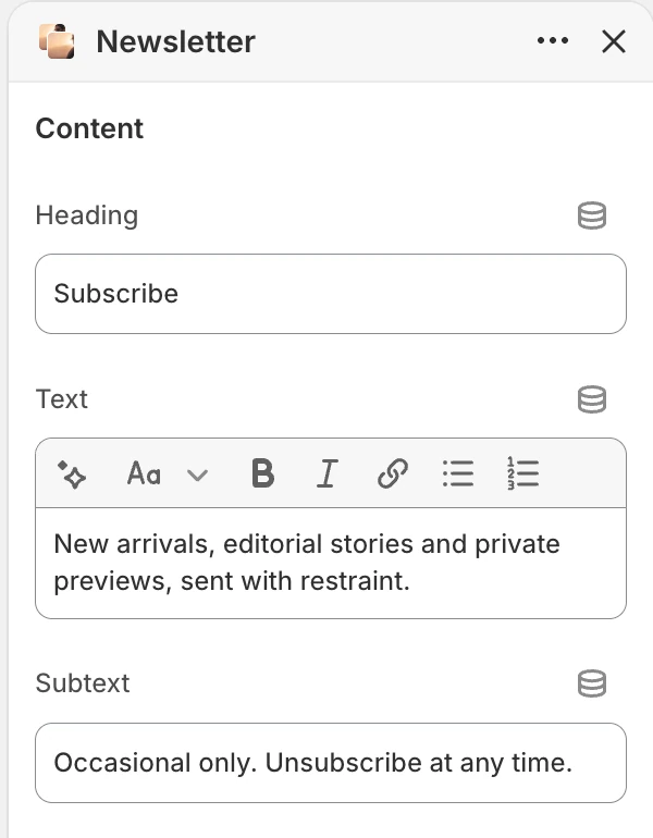 Newsletter Content settings in the Theme Editor: Heading, Text, Subtext.