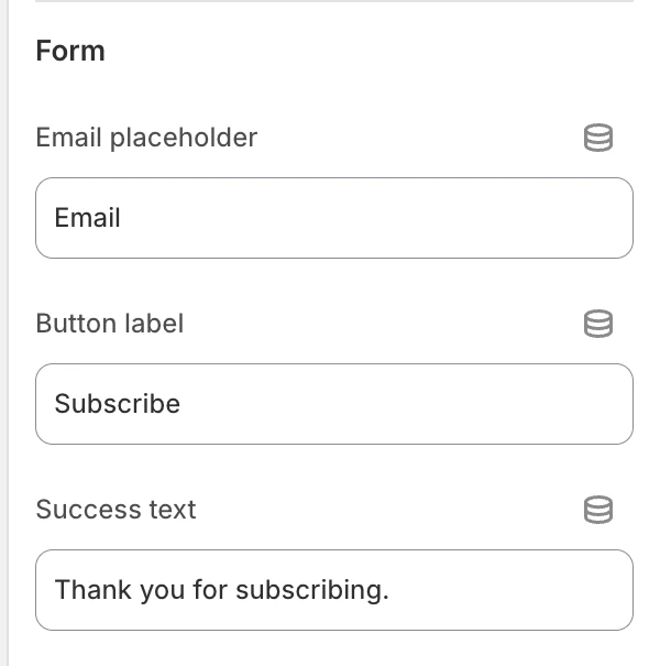 Newsletter Form settings in the Theme Editor: Email placeholder, Button label, Success text.
