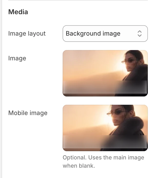 Newsletter Media settings in the Theme Editor: Image layout, Image, Mobile image.