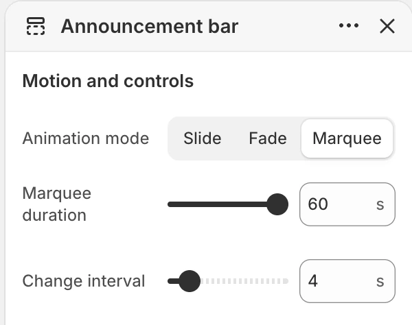 Announcement bar Motion and controls settings in the Theme Editor: Animation mode, Marquee duration, Change interval.