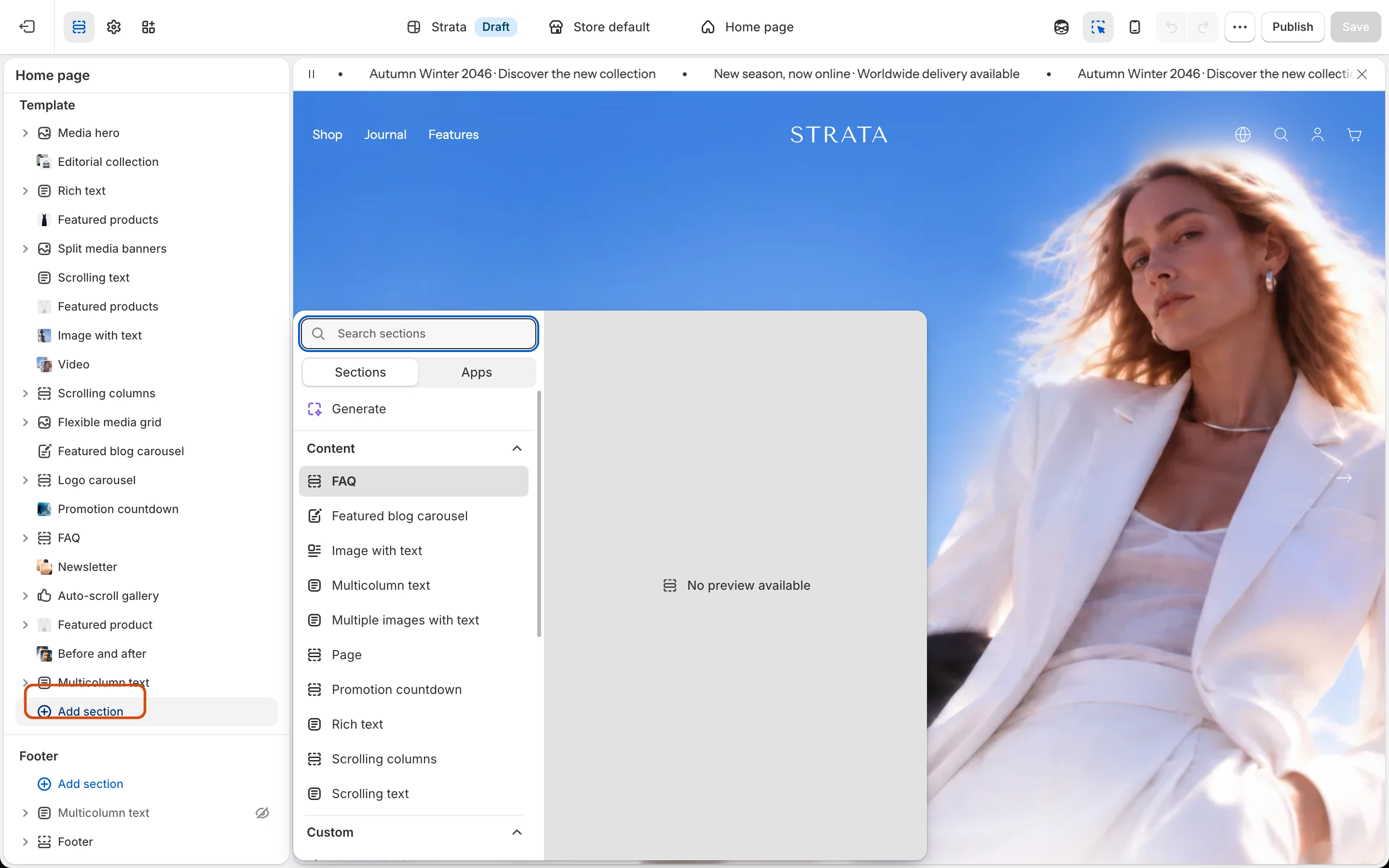 The Add section picker open in the Theme Editor with a search field and a list of sections.
