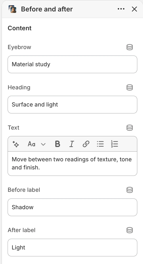 Before and after Content settings in the Theme Editor: Eyebrow, Heading, Text, Before label, After label.
