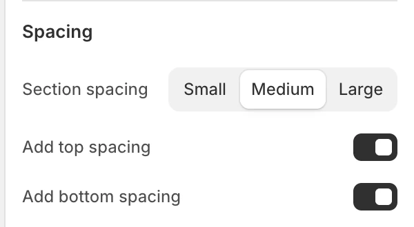 Before and after Spacing settings in the Theme Editor: Section spacing, Add top spacing, Add bottom spacing.