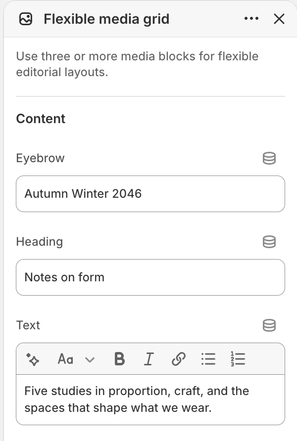 Flexible media grid Content settings in the Theme Editor: Eyebrow, Heading, Text.