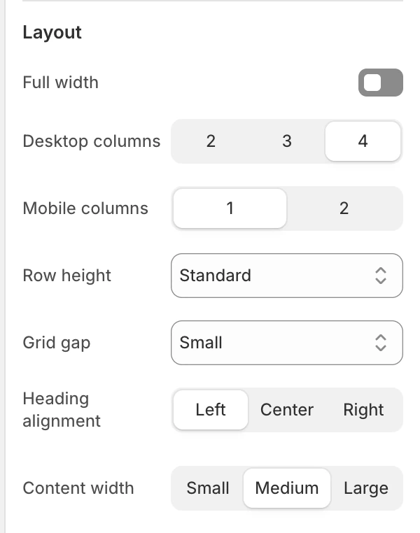 Flexible media grid Layout settings in the Theme Editor: Full width, Desktop columns, Mobile columns, Row height, Grid gap, Heading alignment, Content width.
