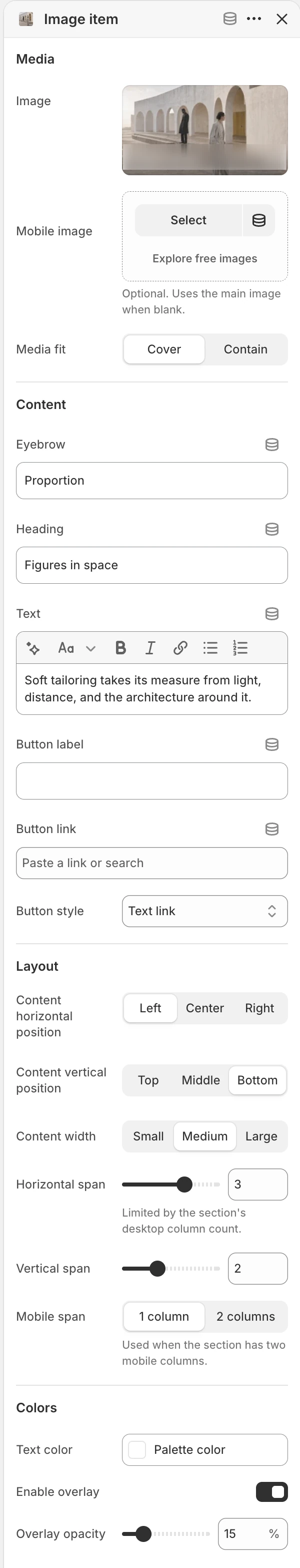 Image item block settings in the Theme Editor: Image, Mobile image, Media fit, Eyebrow, Heading, Text, Button label, Button link.